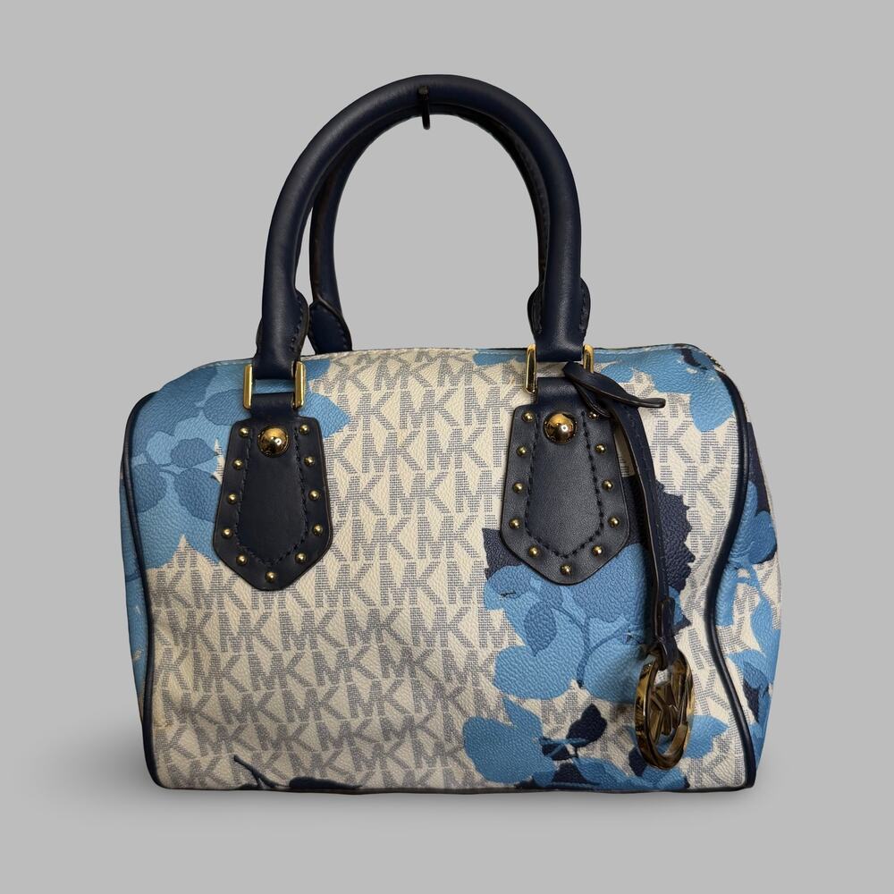 Michael Kors Aria Small Floral Monogram Satchel Bag Blue